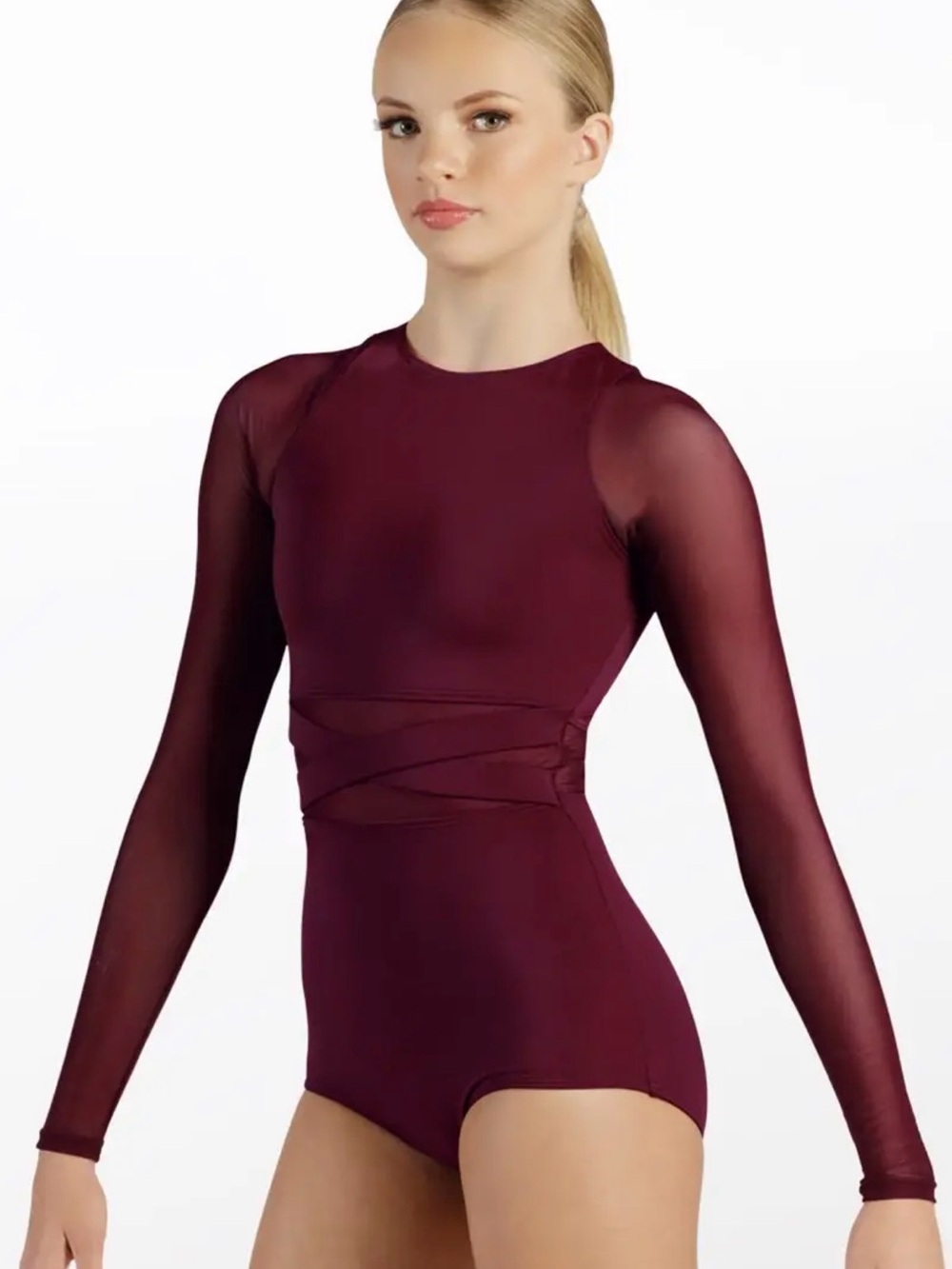 balera Long Sleeve Wine Red Dance Bodysuit with Sheer Sleeves